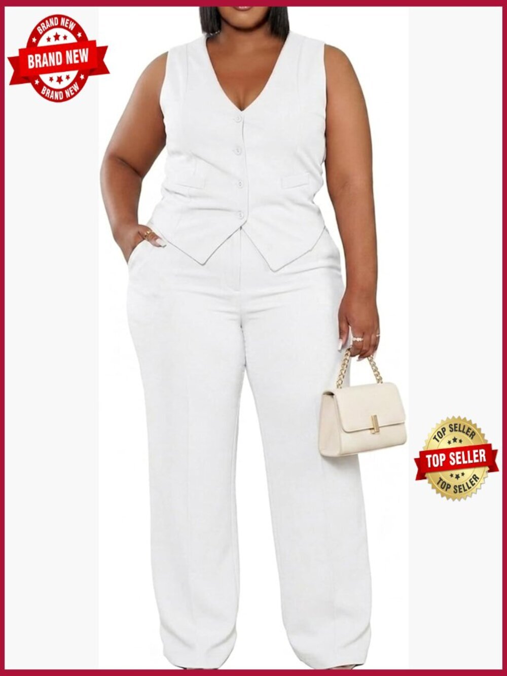 Plus Size 2 Piece Pant Suit Vest Wide Leg Pants Set Casual Pantsuit
